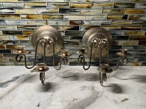 Two Vintage Metal 3 Arm Wall Hanging Candlestick Holder Sconce Hat Coat Hook